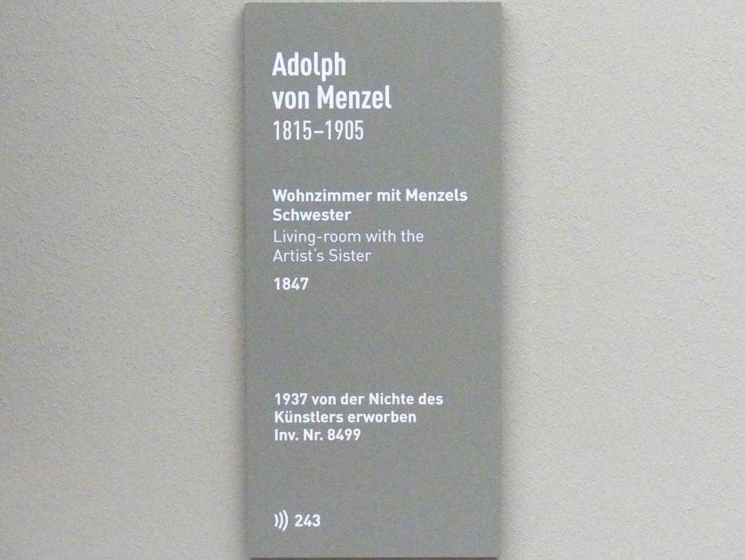 Adolph von Menzel (1844–1888), Wohnzimmer mit Menzels Schwester, München, Neue Pinakothek in der Alten Pinakothek, Saal II, 1847, Bild 2/2