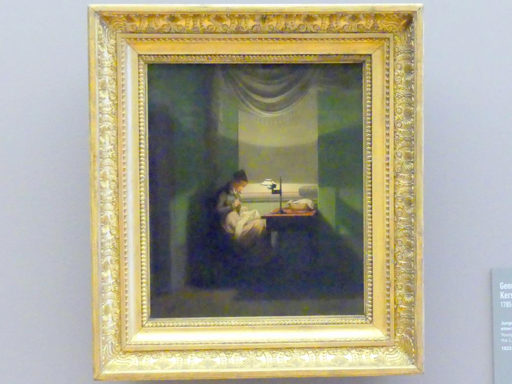 Georg Friedrich Kersting (1811–1835), Junge Frau, beim Schein einer Lampe nähend, München, Neue Pinakothek in der Alten Pinakothek, Saal IIa, 1823, Bild 1/2