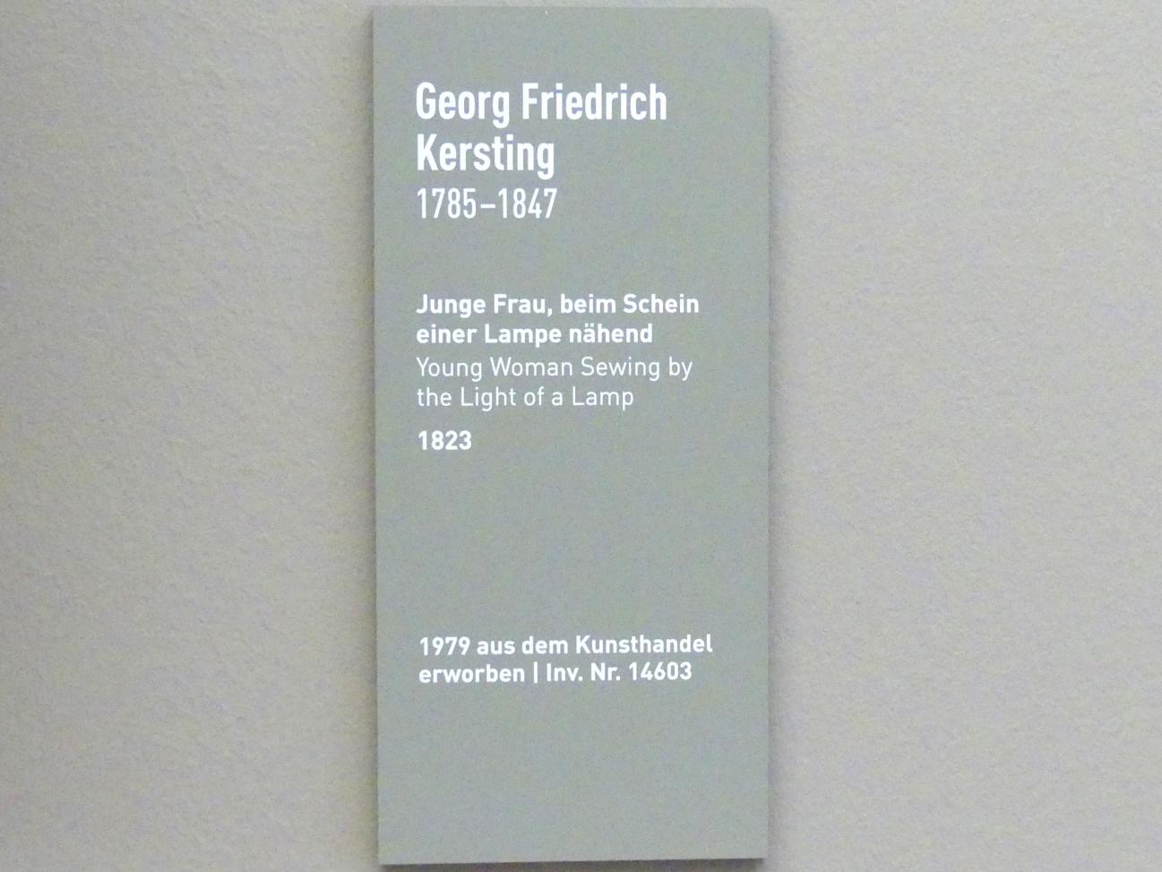 Georg Friedrich Kersting (1811–1835), Junge Frau, beim Schein einer Lampe nähend, München, Neue Pinakothek in der Alten Pinakothek, Saal IIa, 1823, Bild 2/2