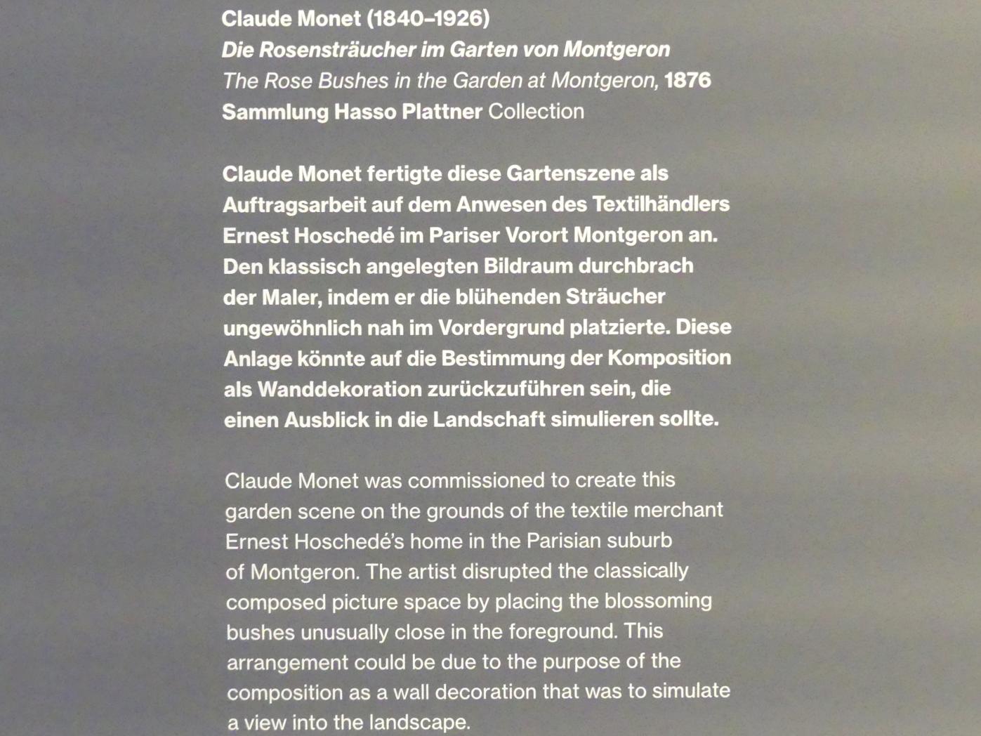 Claude Monet (1864–1925), Die Rosensträucher im Garten von Montgeron, Potsdam, Museum Barberini, Saal B4, 1876, Bild 2/2