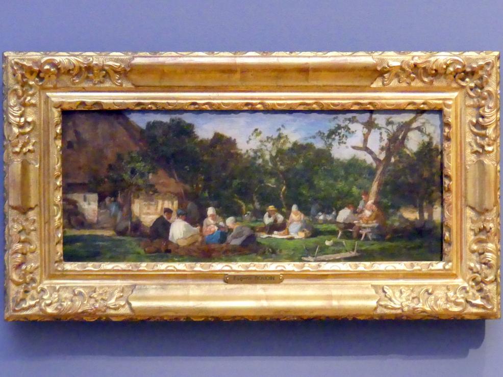 Eugène Boudin (1856–1895), Honfleur. Das Bauerngut Saint-Simenon. Personen bei Tisch, Potsdam, Museum Barberini, Saal B8, um 1855–1857