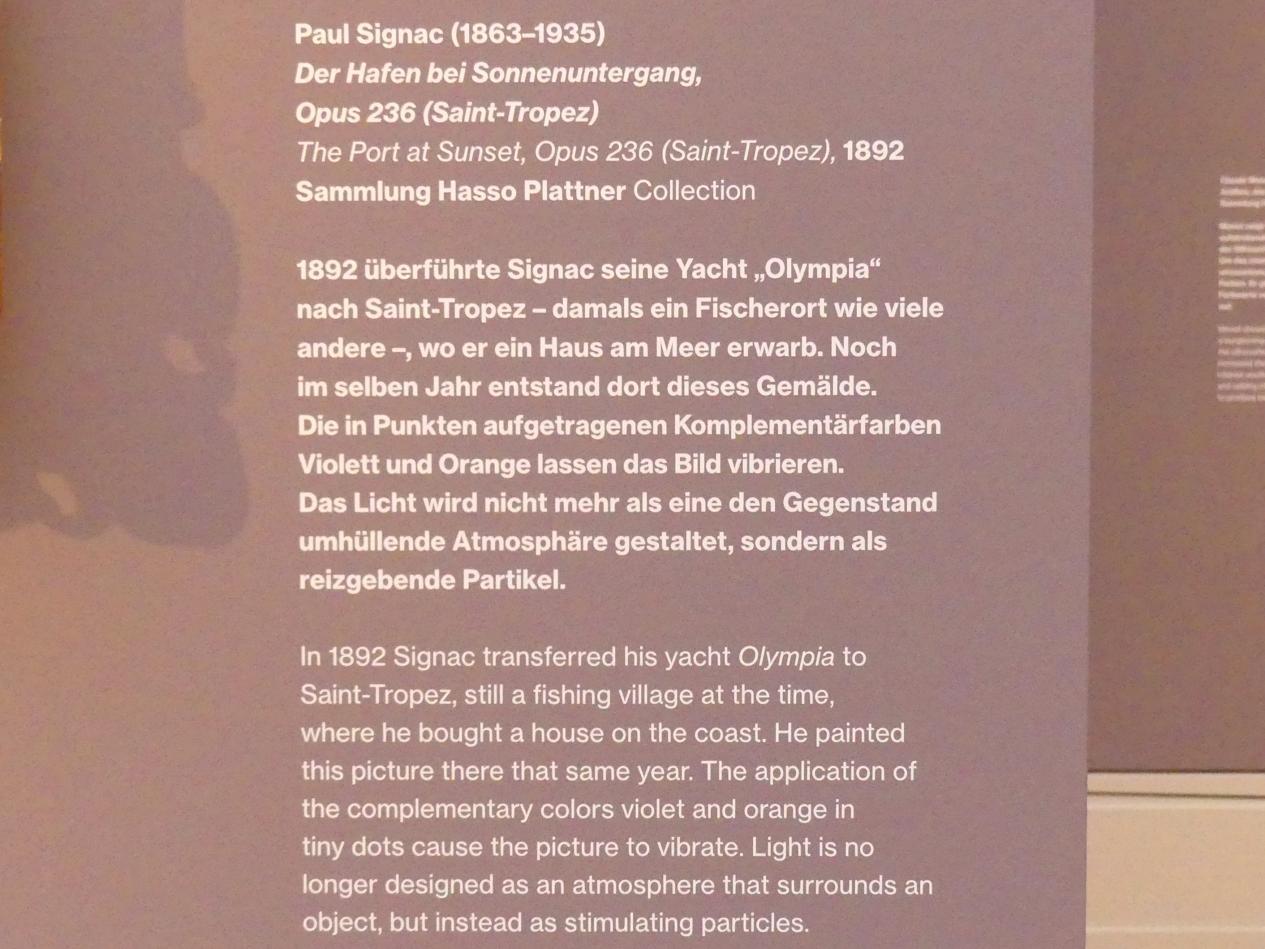 Paul Signac (1883–1933), Der Hafen bei Sonnenuntergang, Opus 236 (Saint-Tropez), Potsdam, Museum Barberini, Saal A6, 1892, Bild 2/2