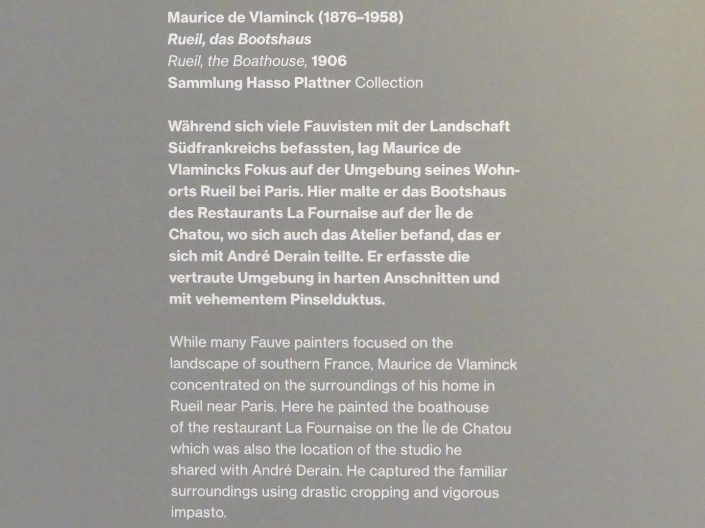 Maurice de Vlaminck (1905–1930), Rueil, das Bootshaus, Potsdam, Museum Barberini, Saal A7, 1906, Bild 2/2