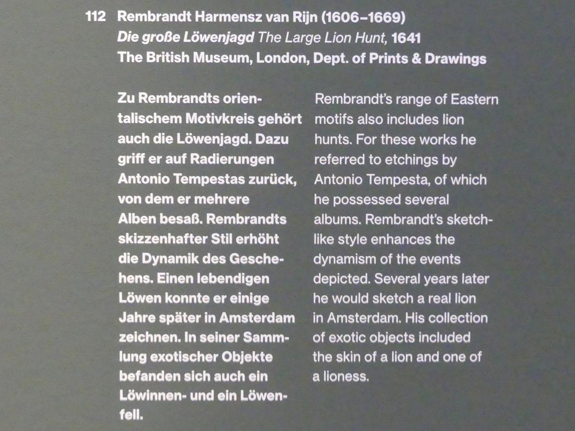 Rembrandt (Rembrandt Harmenszoon van Rijn) (1627–1669), Die große Löwenjagd, Potsdam, Museum Barberini, Ausstellung "Rembrandts Orient" vom 13.03.-27.06.2021, Saal A5a, 1641, Bild 3/3