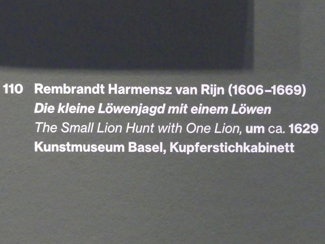 Rembrandt (Rembrandt Harmenszoon van Rijn) (1627–1669), Die kleine Löwenjagd mit einem Löwen, Potsdam, Museum Barberini, Ausstellung "Rembrandts Orient" vom 13.03.-27.06.2021, Saal A5a, um 1629, Bild 3/3