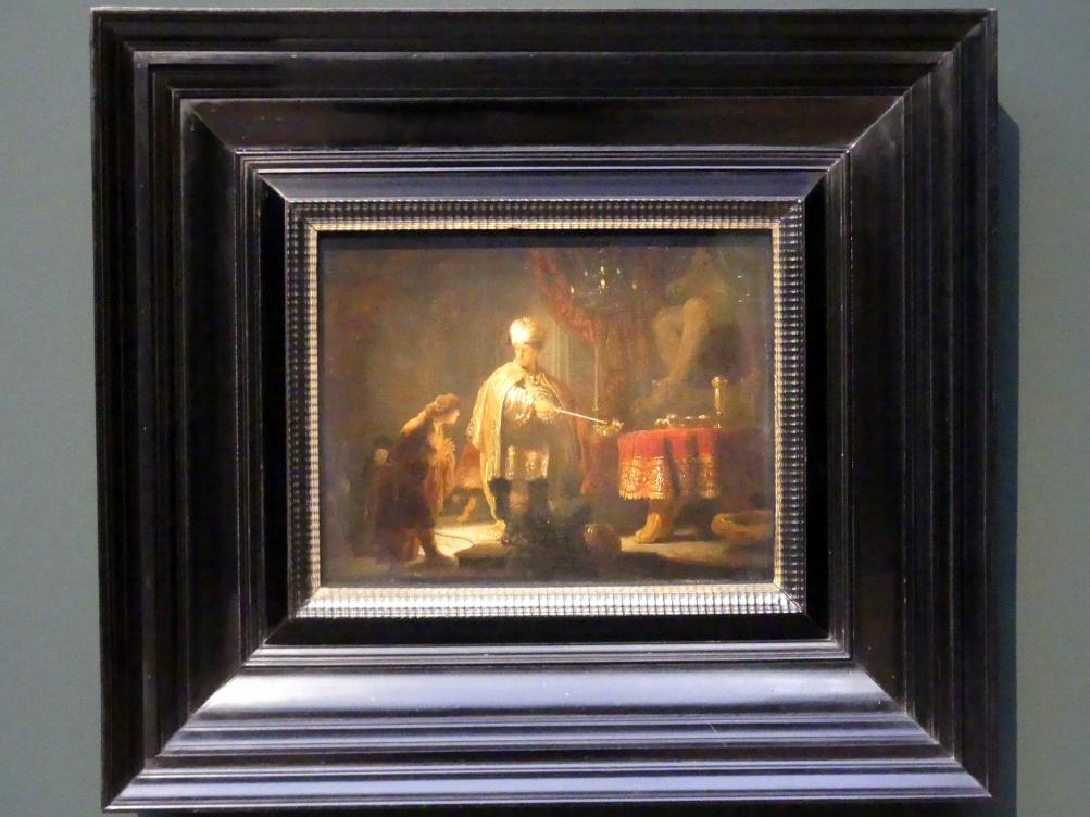 Rembrandt (Rembrandt Harmenszoon van Rijn) (1627–1669), Daniel und Kyros vor dem Götzenbild des Bel, Potsdam, Museum Barberini, Ausstellung "Rembrandts Orient" vom 13.03.-27.06.2021, Saal A5a, 1633, Bild 1/2