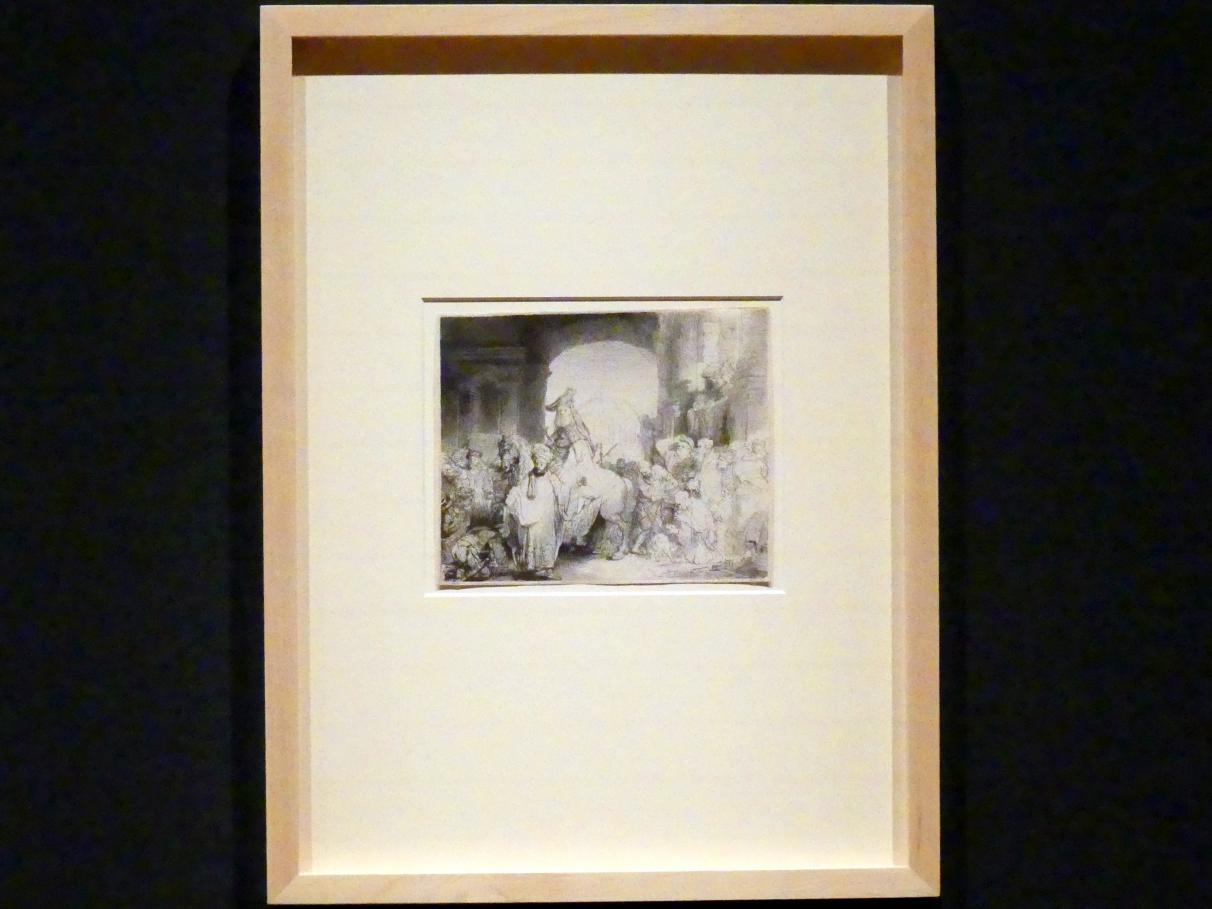 Rembrandt (Rembrandt Harmenszoon van Rijn) (1627–1669), Der Triumph des Mardochai, Potsdam, Museum Barberini, Ausstellung "Rembrandts Orient" vom 13.03.-27.06.2021, Saal A5a, um 1641, Bild 1/3