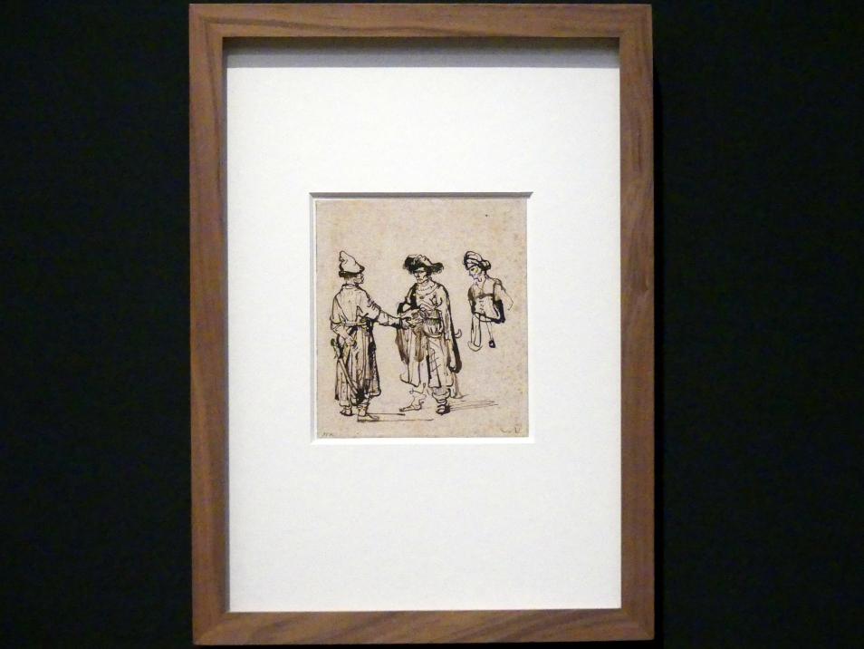 Rembrandt (Rembrandt Harmenszoon van Rijn) (1627–1669), Drei Orientalen im Gespräch, Potsdam, Museum Barberini, Ausstellung "Rembrandts Orient" vom 13.03.-27.06.2021, Saal A2, um 1645, Bild 1/3