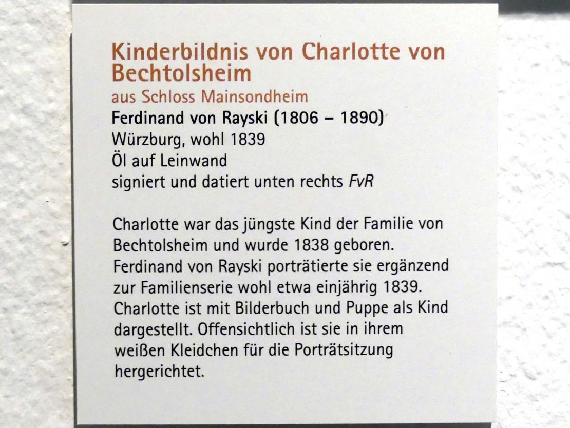 Ferdinand von Rayski (1837–1875), Kinderbildnis von Charlotte von Bechtolsheim, Mainsondheim, Schloss Mainsondheim, jetzt Würzburg, Museum für Franken (ehem. Mainfränkisches Museum), Steinsaal, 1839, Bild 2/2