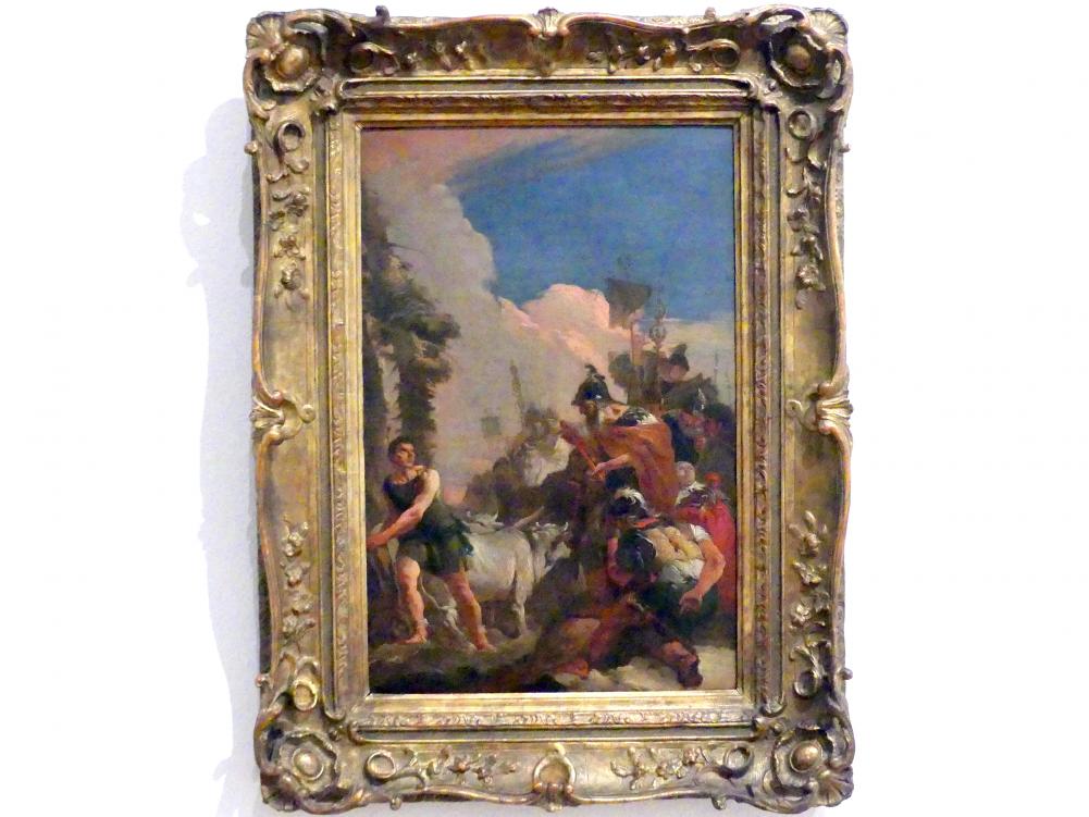 Giovanni Battista Tiepolo (1715–1785), Berufung des Cincinnatus zum Feldherrn Roms, Venedig, Palazzo Secco Dolfin, jetzt Würzburg, Museum für Franken (ehem. Mainfränkisches Museum), Gemäldegalerie, um 1726–1729, Bild 1/2