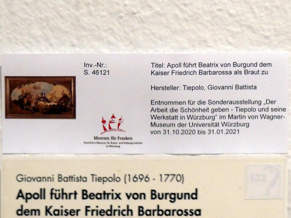 Giovanni Battista Tiepolo (1715–1785), Apoll führt Beatrix von Burgund dem Kaiser Friedrich Barbarossa als Braut zu, Würzburg, ehem. fürstbischöfliche Residenz, jetzt Würzburg, Museum für Franken (ehem. Mainfränkisches Museum), Gemäldegalerie, 1751