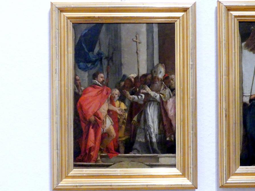 Giovanni Domenico Tiepolo (1743–1785), Der Hl. Ambrosius verwehrt Kaiser Theodosius den Zutritt in die Kirche, Würzburg, ehem. fürstbischöfliche Residenz, jetzt Würzburg, Museum für Franken (ehem. Mainfränkisches Museum), Gemäldegalerie, 1751
