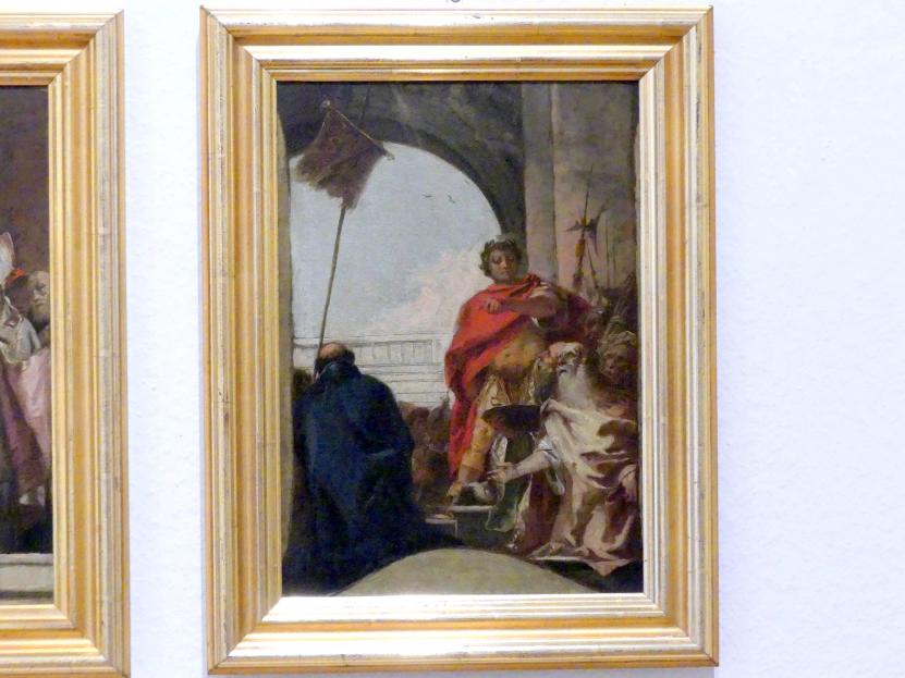 Giovanni Domenico Tiepolo (1743–1785), Kaiser Konstantin als Überwinder des Licinius und Beschützer der Kirche, Würzburg, ehem. fürstbischöfliche Residenz, jetzt Würzburg, Museum für Franken (ehem. Mainfränkisches Museum), Gemäldegalerie, 1751, Bild 1/2