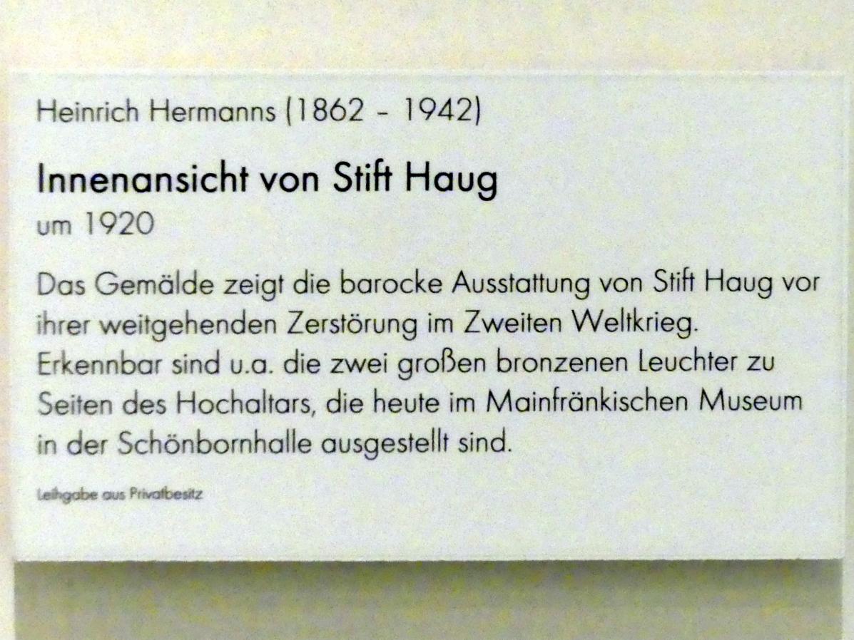 Heinrich Hermanns (1920), Innenansicht von Stift Haug, Würzburg, Museum für Franken (ehem. Mainfränkisches Museum), Barock-Saal, um 1920, Bild 3/3