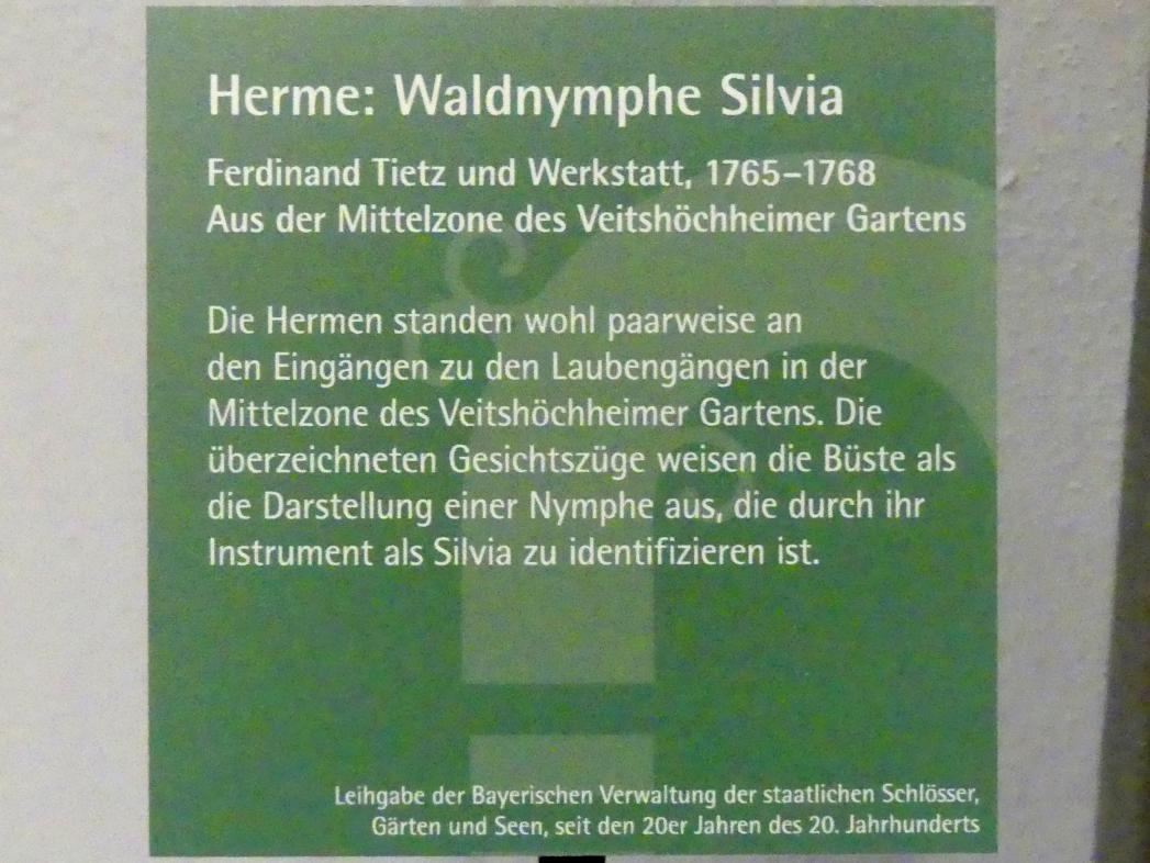 Ferdinand Tietz (Ferdinand Dietz) (1740–1767), Waldnymphe Silvia, Veitshöchheim, Schloss Veitshöchheim, Hofgarten, jetzt Würzburg, Museum für Franken (ehem. Mainfränkisches Museum), Fayence-Saal, 1765–1768, Bild 3/3