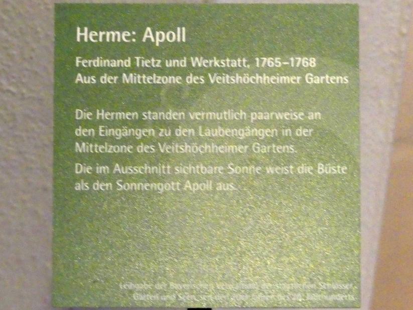 Ferdinand Tietz (Ferdinand Dietz) (1740–1767), Herme: Apoll, Veitshöchheim, Schloss Veitshöchheim, Hofgarten, jetzt Würzburg, Museum für Franken (ehem. Mainfränkisches Museum), Fayence-Saal, 1765–1768, Bild 3/3