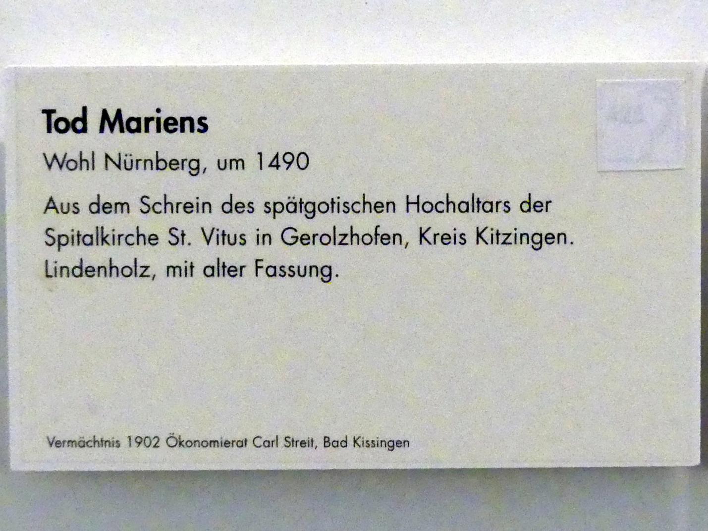 Tod Mariens, Gerolzhofen, Spitalkirche St. Vitus, jetzt Würzburg, Museum für Franken (ehem. Mainfränkisches Museum), Echterbastei, um 1490, Bild 3/3