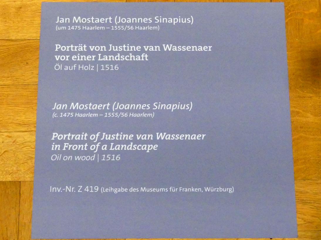 Jan Mostaert (1516–1522), Porträt von Justine van Wassenaer vor einer Landschaft, Würzburg, Martin von Wagner-Museum, Saal 3, 1516, Bild 2/2
