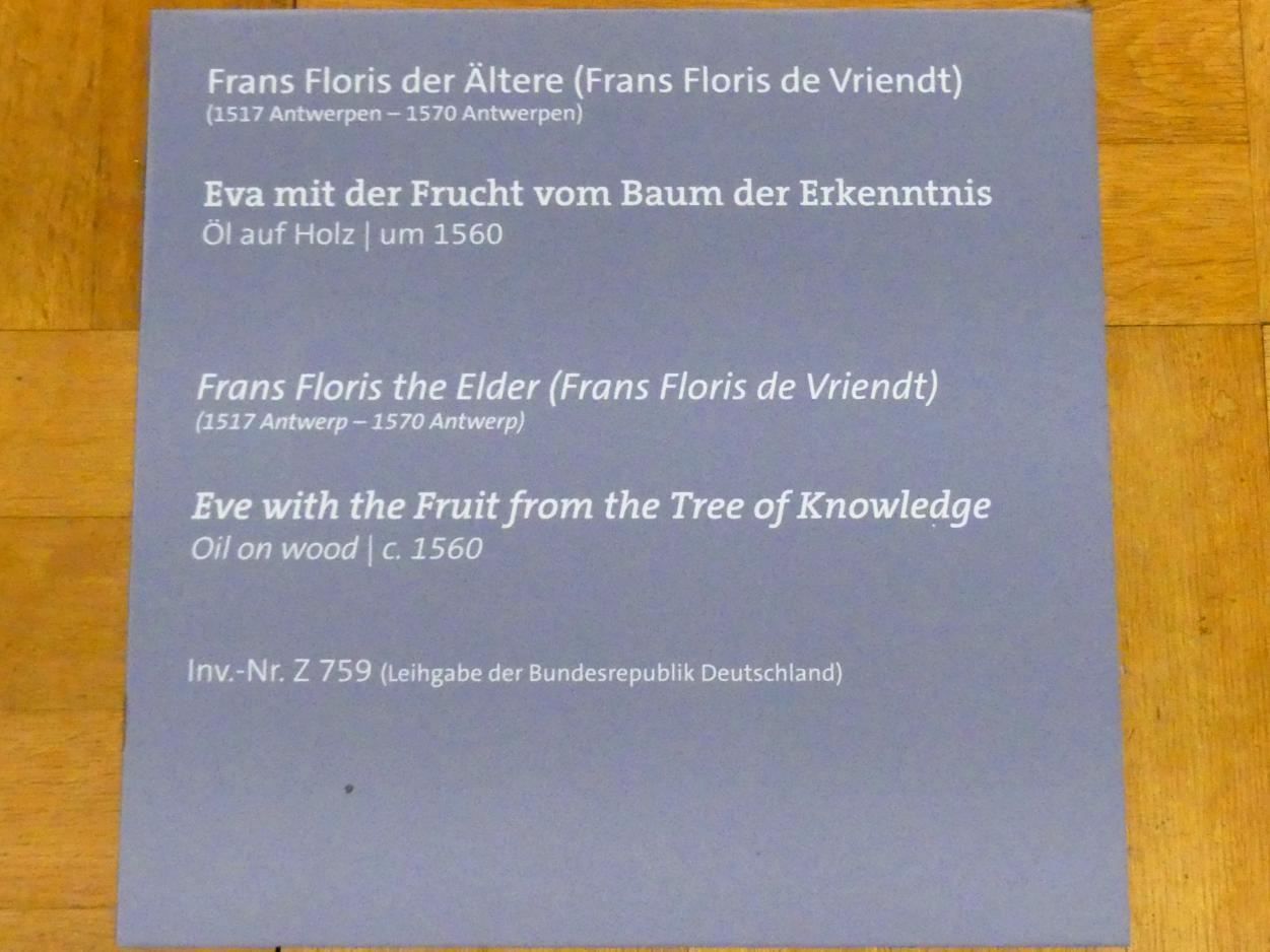 Frans Floris de Vriendt (1552–1566), Eva mit der Frucht vom Baum der Erkenntnis, Würzburg, Martin von Wagner-Museum, Saal 3, um 1560, Bild 2/2