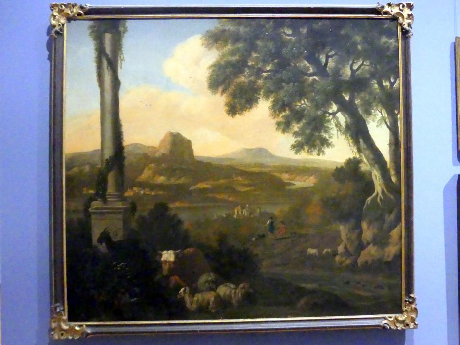 Abraham Jansz. Begeyn (1697), Südliche Landschaft mit Säule und Viehherde, Würzburg, Martin von Wagner-Museum, Saal 4, 2. Hälfte 17. Jhd.