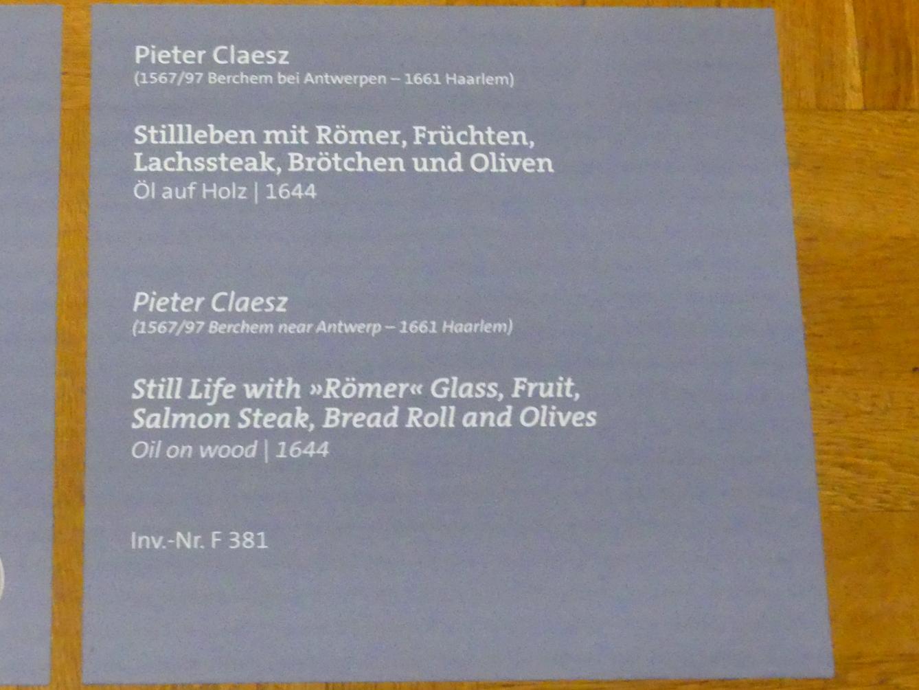 Pieter Claesz (1623–1660), Stillleben mit Römer, Früchten, Lachssteak, Brötchen und Oliven, Würzburg, Martin von Wagner-Museum, Saal 4, 1644, Bild 2/2