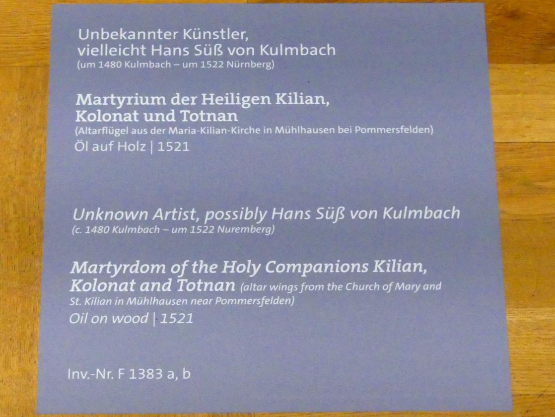 Hans Süß von Kulmbach (1507–1521), Martyrium der Heiligen Kilian, Kolonat und Totnan, Würzburg, Martin von Wagner-Museum, Saal 5, 1521, Bild 2/2
