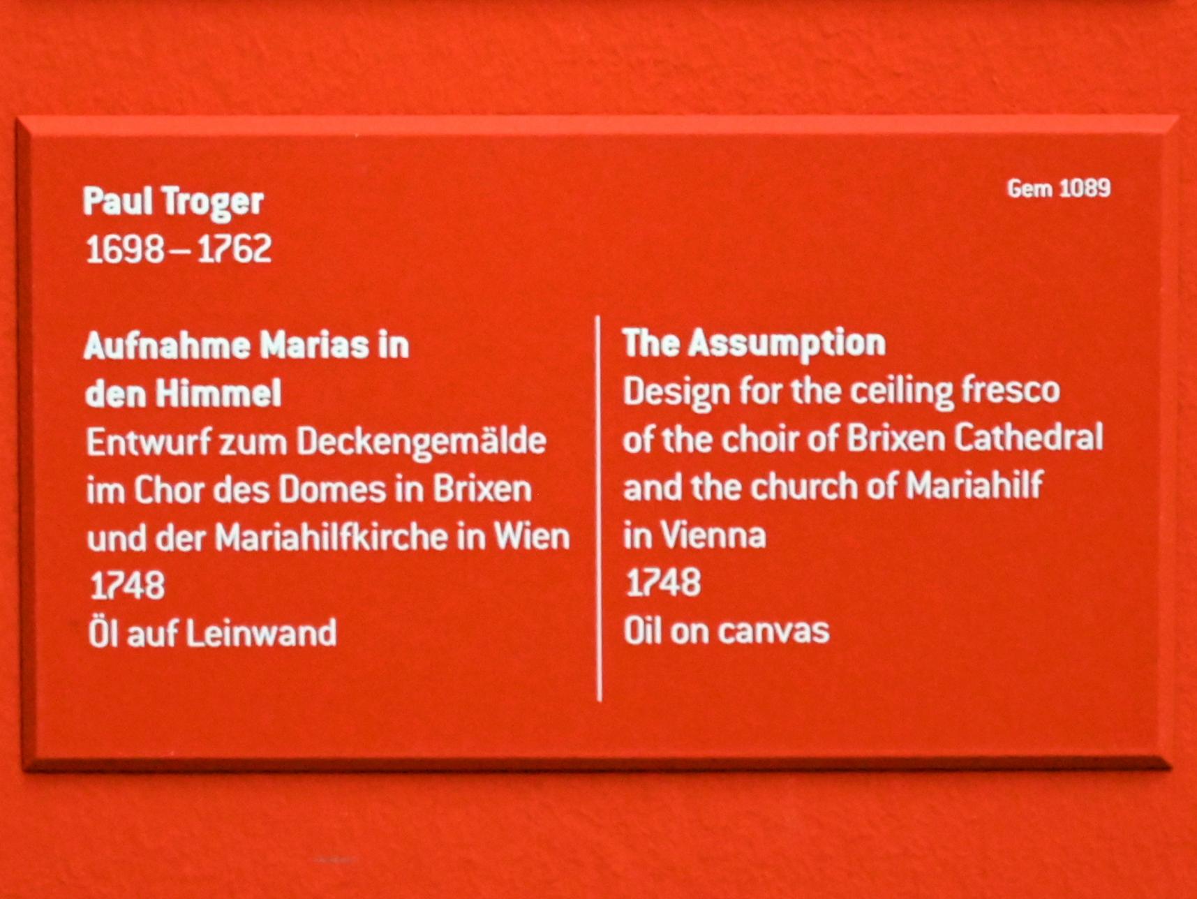 Paul Troger (1727–1750), Aufnahme Marias in den Himmel, Brixen, Dom Mariae Aufnahme in den Himmel und St. Kassian, jetzt Innsbruck, Tiroler Landesmuseum, Ferdinandeum, Saal 3, 1748, Bild 2/2