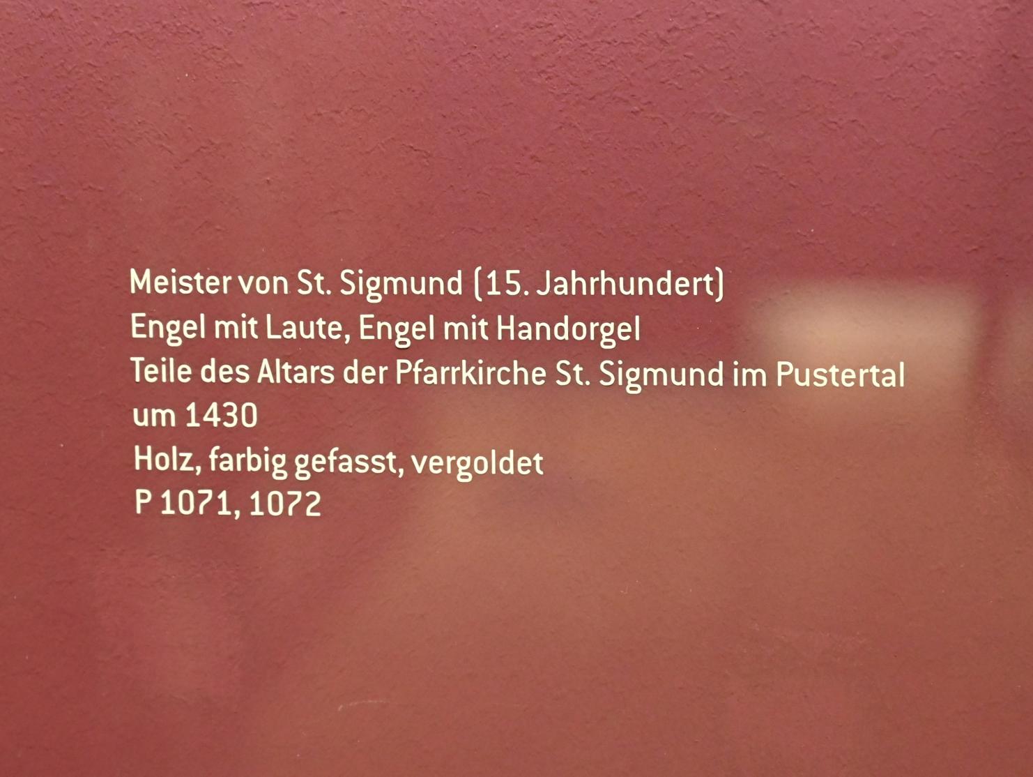 Meister von St. Sigmund (1430), Engel mit Handorgel, St. Sigmund (Kiens), Pfarrkirche St. Sigmund, jetzt Innsbruck, Tiroler Landesmuseum, Ferdinandeum, Mittelalter 2, um 1430, Bild 2/2