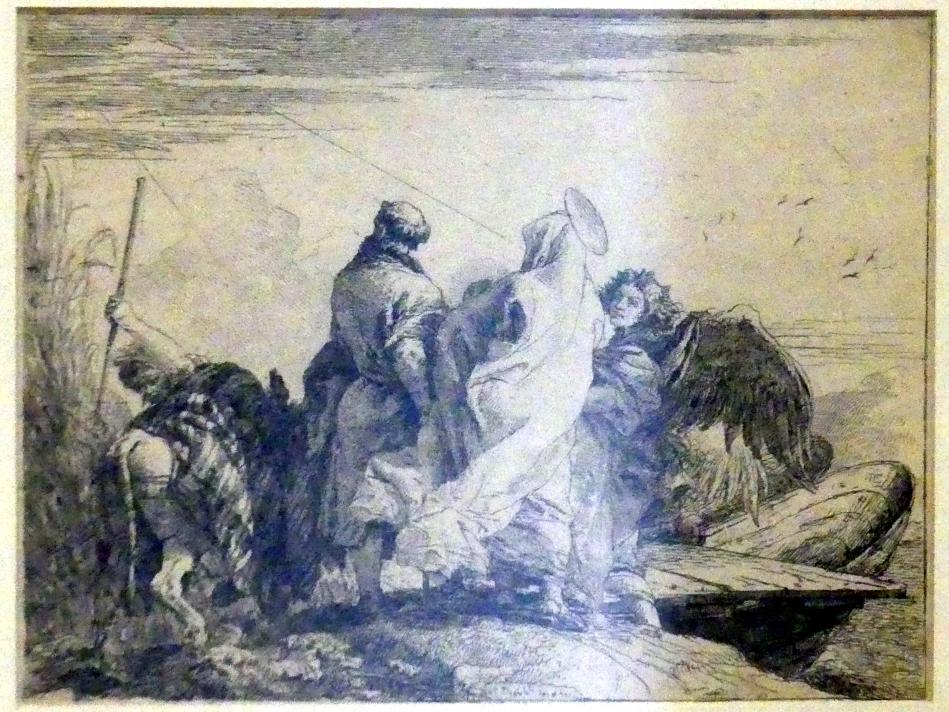 Giovanni Domenico Tiepolo (1743–1785), Die Heilige Familie besteigt einen Kahn, assistiert von einem Engel, Würzburg, Martin von Wagner Museum, Ausstellung "Tiepolo und seine Zeit in Würzburg" vom 31.10.2020-15.07.2021, Saal 1, 1753