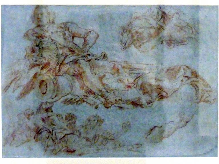 Giovanni Domenico Tiepolo (1743–1785), Liegefigur von Balthasar Neumann im Europafries und weitere Figuren, Würzburg, Martin von Wagner Museum, Ausstellung "Tiepolo und seine Zeit in Würzburg" vom 31.10.2020-15.07.2021, Saal 2, 1752–1753