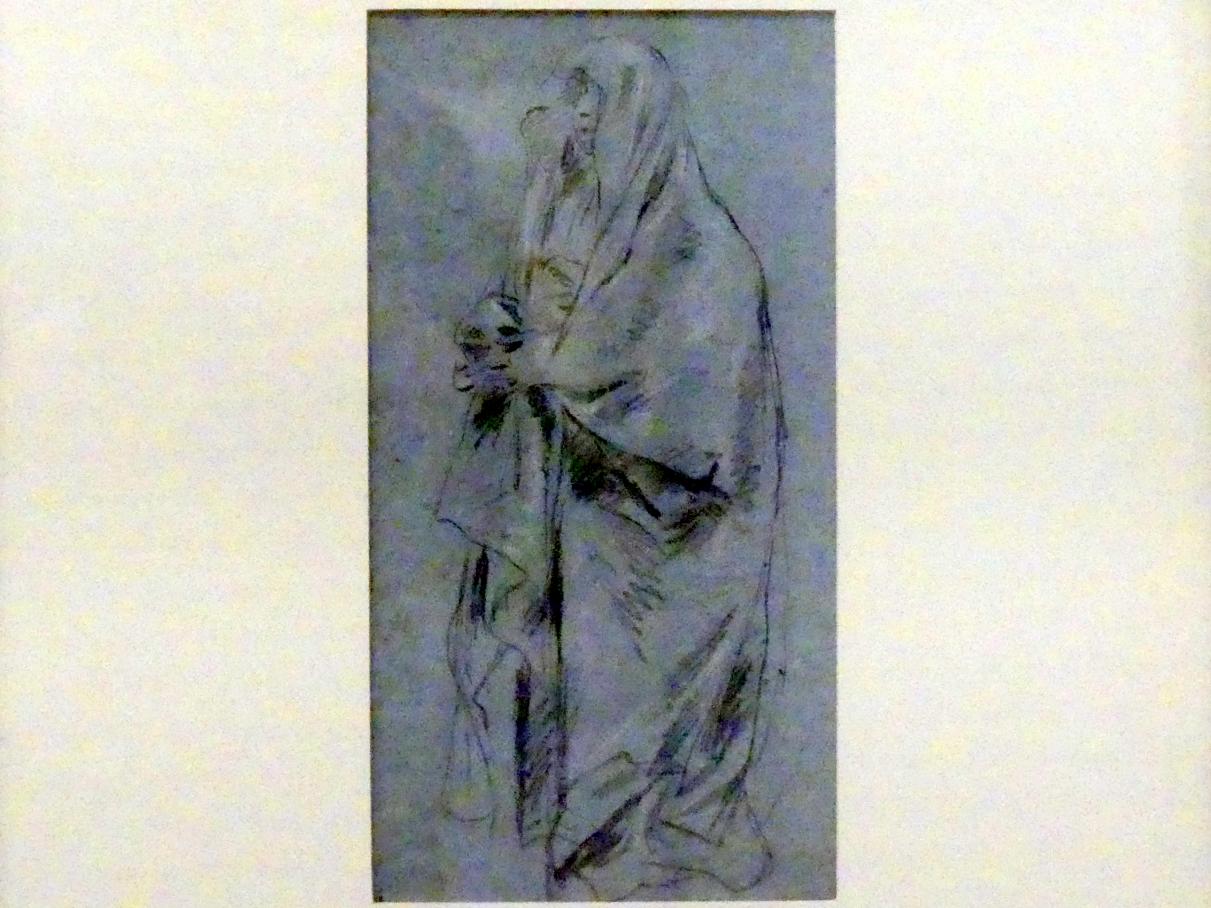 Giovanni Domenico Tiepolo (1743–1785), Die Muttergottes, in einen Umhang gehüllt, in Dreiviertelansicht nach links, Würzburg, Martin von Wagner Museum, Ausstellung "Tiepolo und seine Zeit in Würzburg" vom 31.10.2020-15.07.2021, Saal 2, 1747