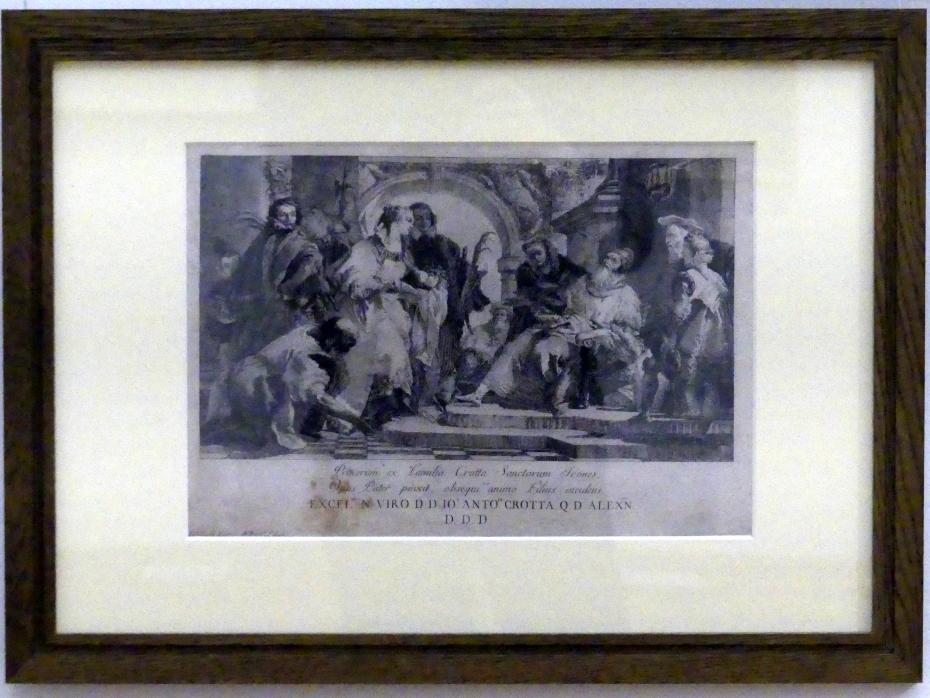 Giovanni Domenico Tiepolo (1743–1785), Die Schutzheiligen der Familie Crotta, Würzburg, Martin von Wagner Museum, Ausstellung "Tiepolo und seine Zeit in Würzburg" vom 31.10.2020-15.07.2021, Saal 2, um 1750, Bild 1/3