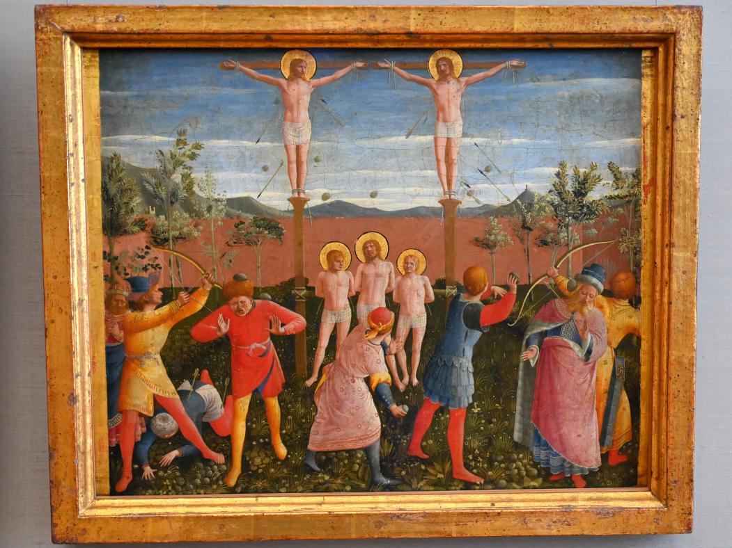Fra Angelico (Guido di Pietro) (1421–1447), Die hll. Cosmas und Damian werden gekreuzigt, gesteinigt und mit Pfeilen beschossen, Florenz, Kirche San Marco, jetzt München, Alte Pinakothek, Obergeschoss Kabinett 1, um 1438–1440