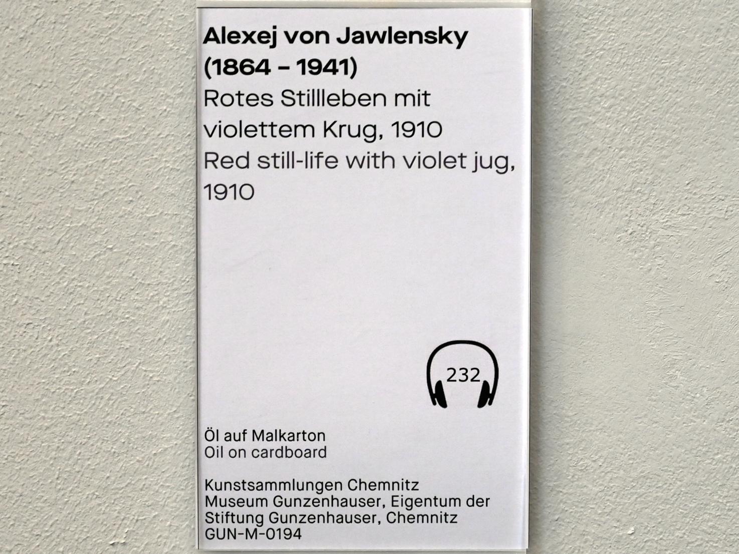 Alexej von Jawlensky (1893–1938), Rotes Stillleben mit violettem Krug, Chemnitz, Museum Gunzenhauser, Saal 3.6 - Der blaue Reiter, 1910, Bild 2/2