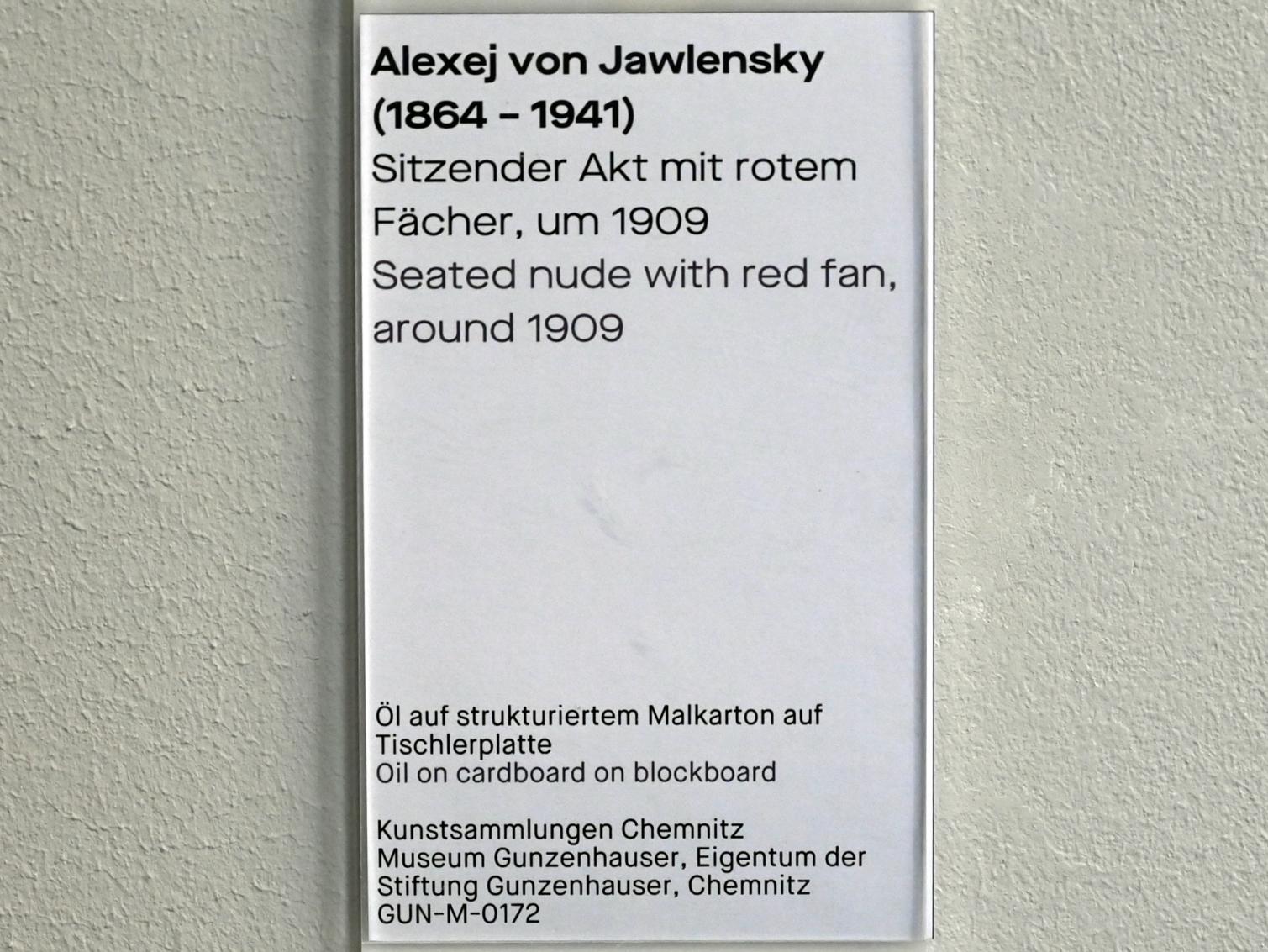 Alexej von Jawlensky (1893–1938), Sitzender Akt mit rotem Fächer, Chemnitz, Museum Gunzenhauser, Saal 3.6 - Der blaue Reiter, um 1909, Bild 2/2