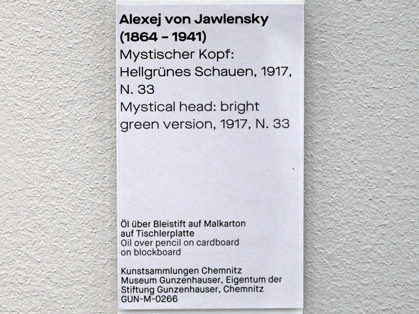 Alexej von Jawlensky (1893–1938), Mystischer Kopf: Hellgrünes Schauen, Chemnitz, Museum Gunzenhauser, Saal 3.10, 1917, Bild 2/2