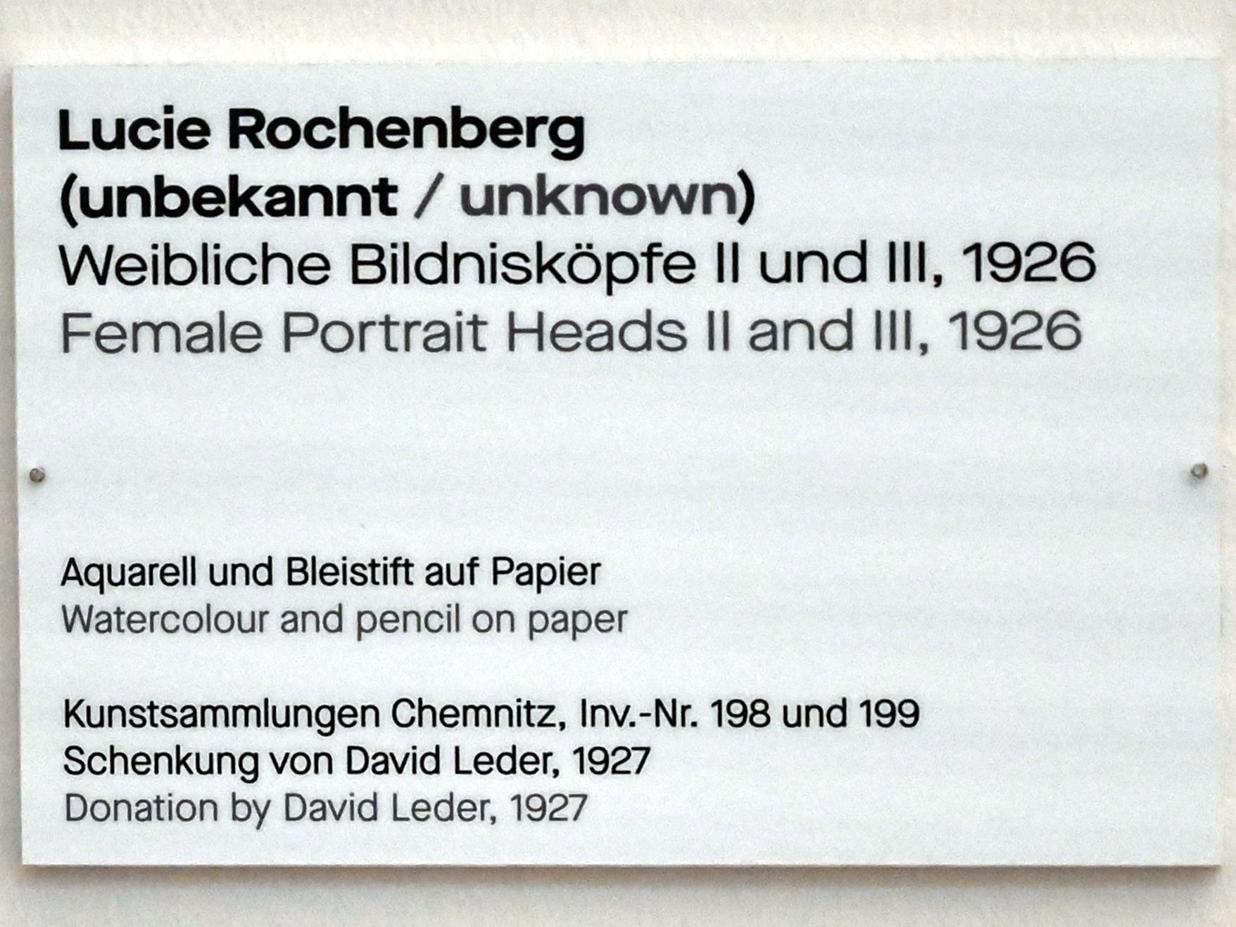 Lucie Rochenberg (1925–1926), Weibliche Bildnisköpfe II, Chemnitz, Kunstsammlungen am Theaterplatz, Saal 1, 1926, Bild 2/2