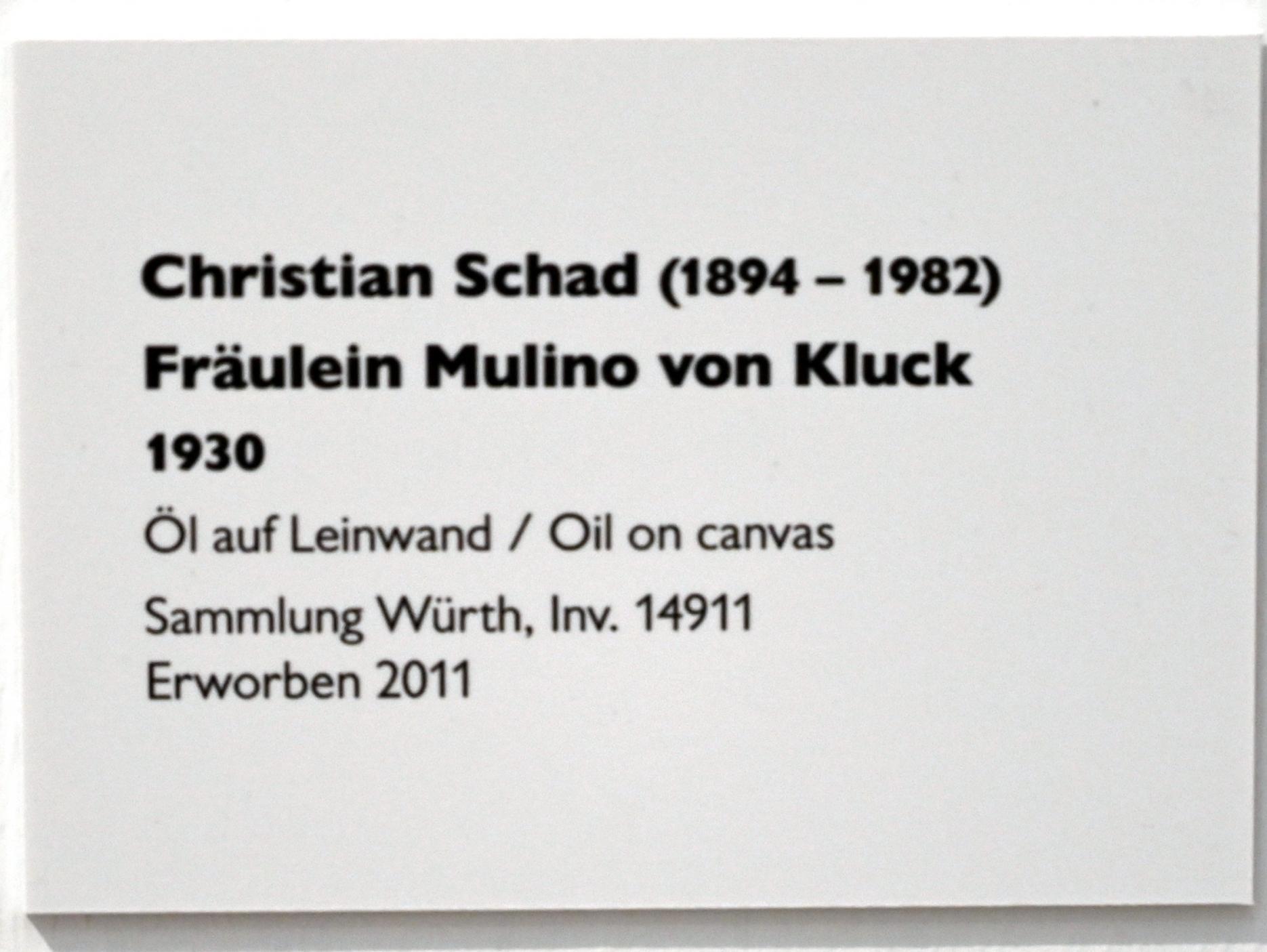 Christian Schad (1919–1934), Fräulein Mulino von Kluck, Künzelsau, Museum Würth 2, Saal 6, 1930, Bild 2/2