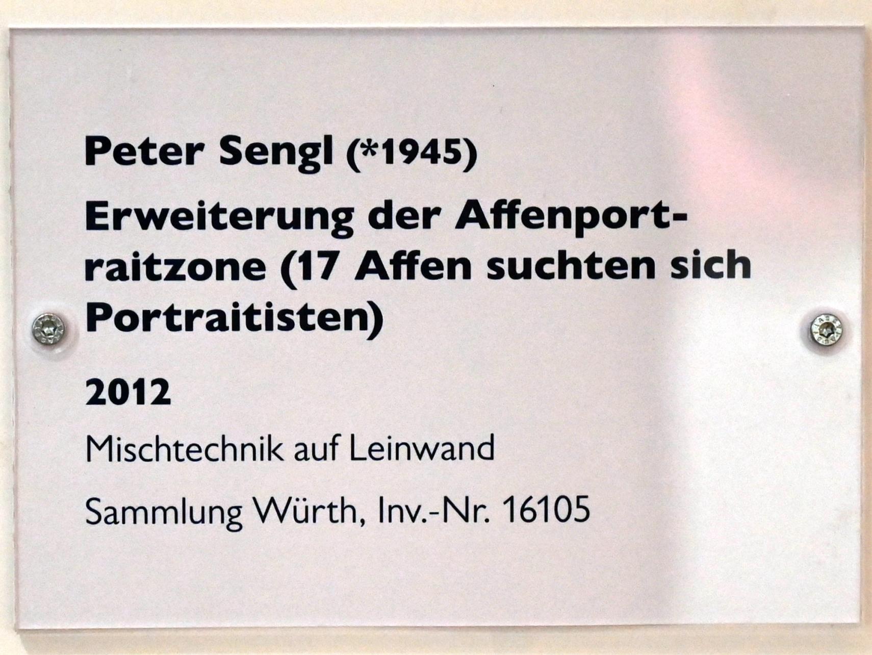 Peter Sengl (2012), Erweiterung der Affenportraitzone (17 Affen suchten sich Portraitisten), Schwäbisch Hall, Kunsthalle Würth, Untergeschoß Saal 6, 2012, Bild 2/2