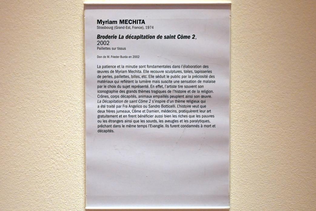 Myriam Mechita (2001–2002), Stickerei Die Enthauptung des Heiligen Cosmas 2, Straßburg, Musée d’Art moderne et contemporain, Saal 2, 2002, Bild 2/2