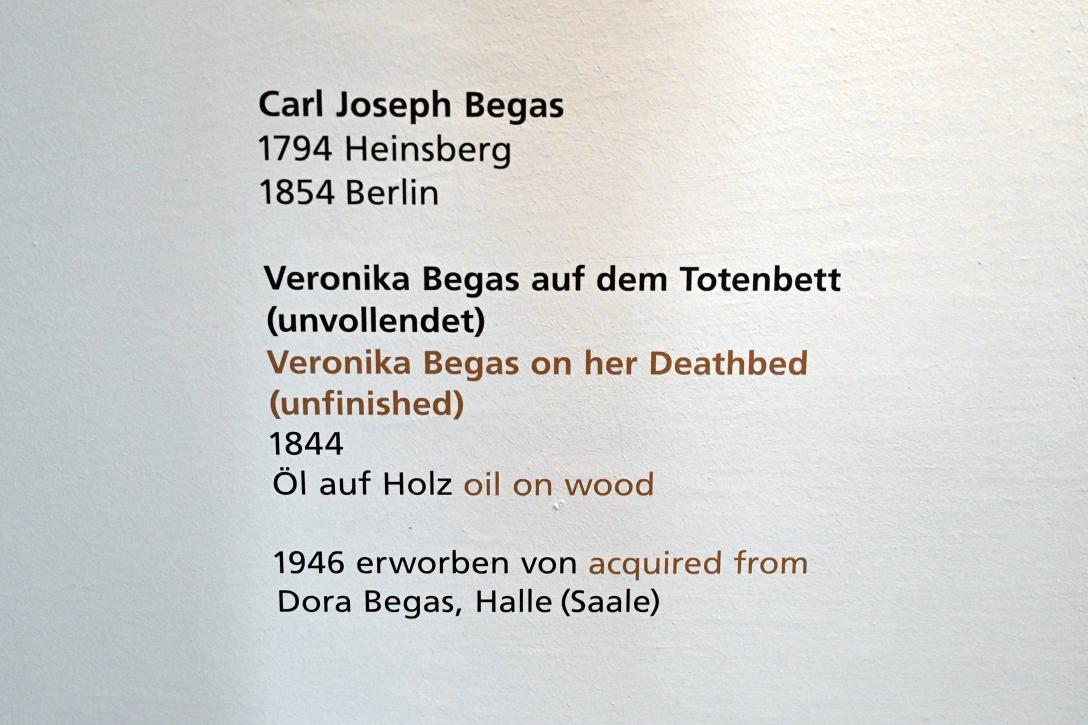 Carl Joseph Begas (1820–1848), Veronika Begas auf dem Totenbett (unvollendet), Halle (Saale), Kunstmuseum Moritzburg, Alte Meister Saal 7, 1844, Bild 2/2