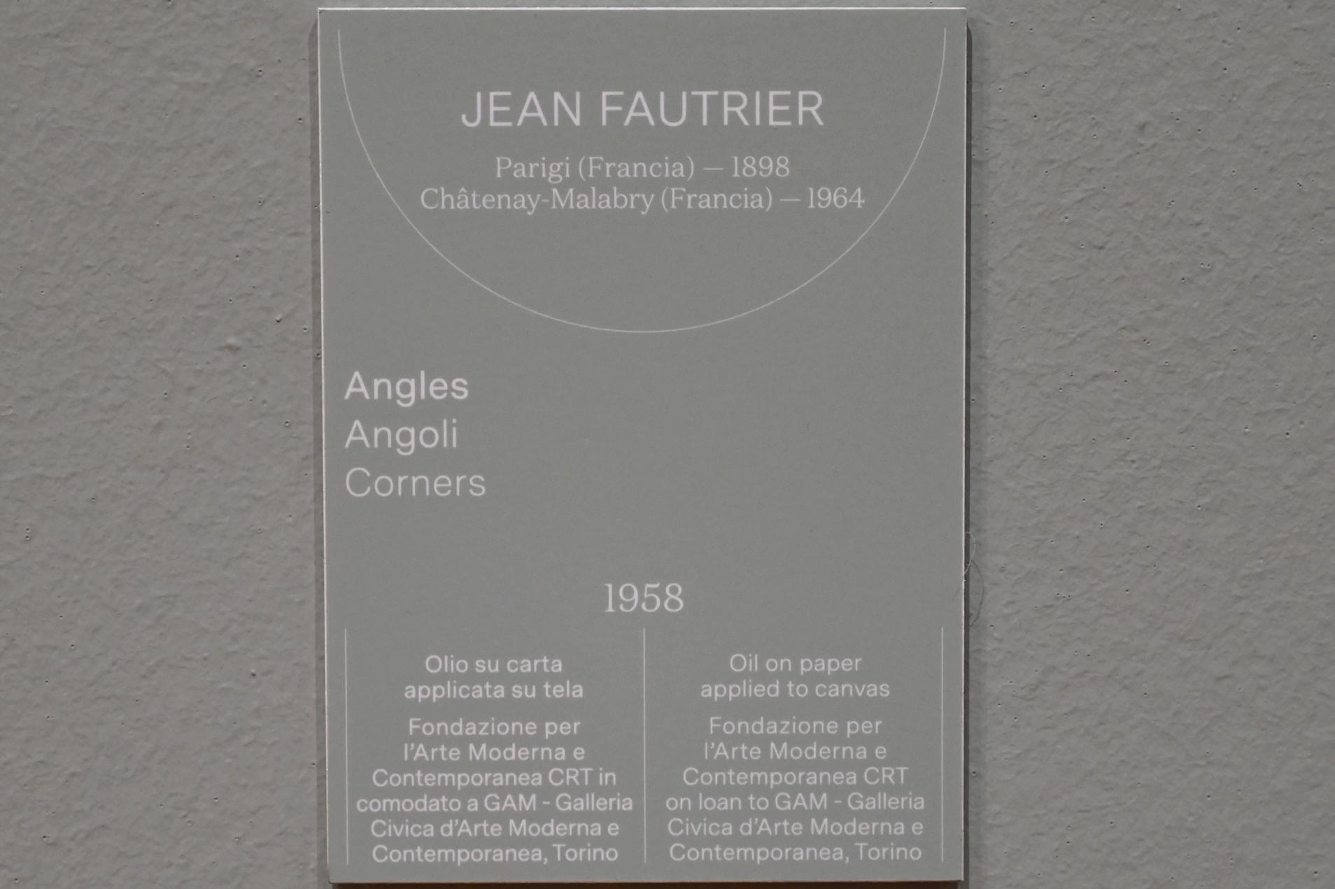 Jean Fautrier (1921–1958), Winkel, Turin, Galleria civica d'arte moderna e contemporanea (GAM Torino), Saal 12, 1958, Bild 2/2