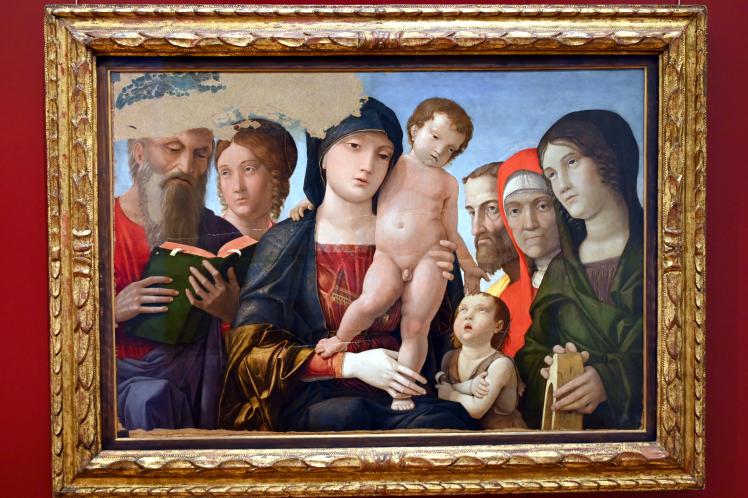 Andrea Mantegna (1451–1505), Maria mit Kind, Johannesknabe, Hl. Katharina und weiteren Heiligen, Turin, Galleria Sabauda, Saal 10, 1480–1490, Bild 1/2