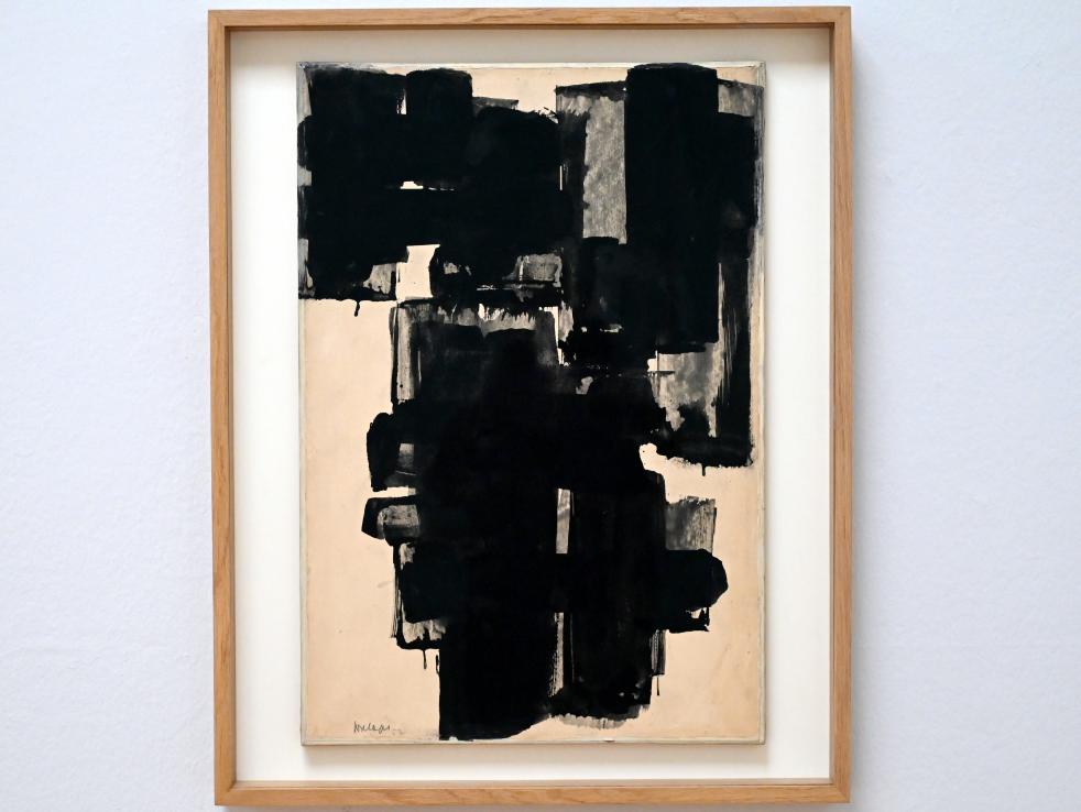 Pierre Soulages (1946–2019), Gouache auf Papier 66 x 45 cm, 1952, Chemnitz, Kunstsammlungen am Theaterplatz, Ausstellung "Soulages" vom 28.03.-25.07.2021, Saal 4, 1952