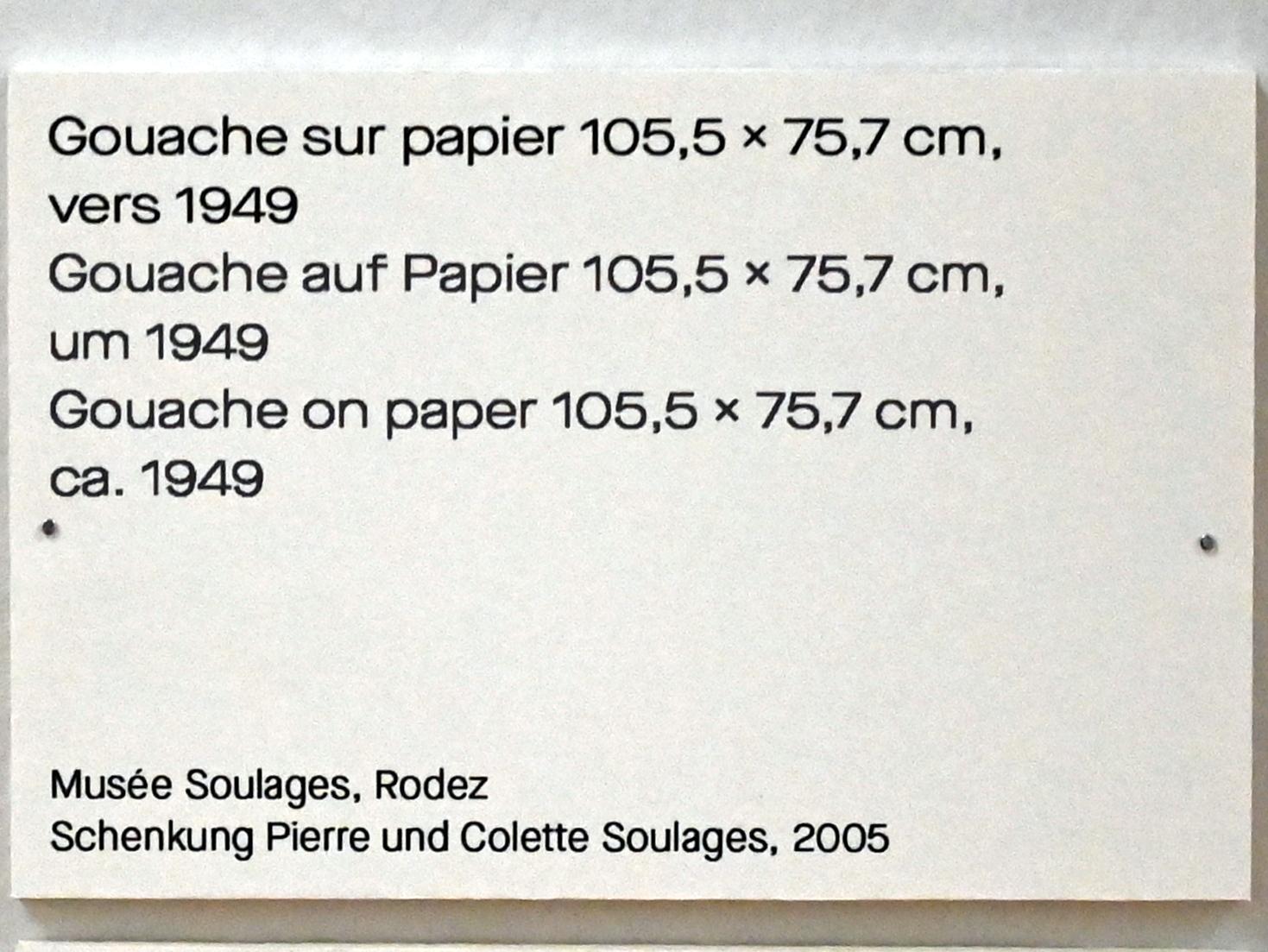 Pierre Soulages (1946–2019), Gouache auf Papier 105,5 x 75,7 cm, um 1949, Chemnitz, Kunstsammlungen am Theaterplatz, Ausstellung "Soulages" vom 28.03.-25.07.2021, Saal 4, um 1949, Bild 2/2