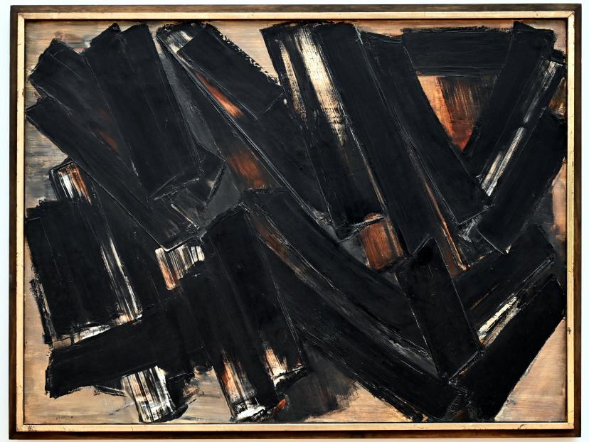 Pierre Soulages (1946–2019), Malerei 96,5 x 130 cm, 15. März 1957, Chemnitz, Kunstsammlungen am Theaterplatz, Ausstellung "Soulages" vom 28.03.-25.07.2021, Saal 6, 1957, Bild 1/2