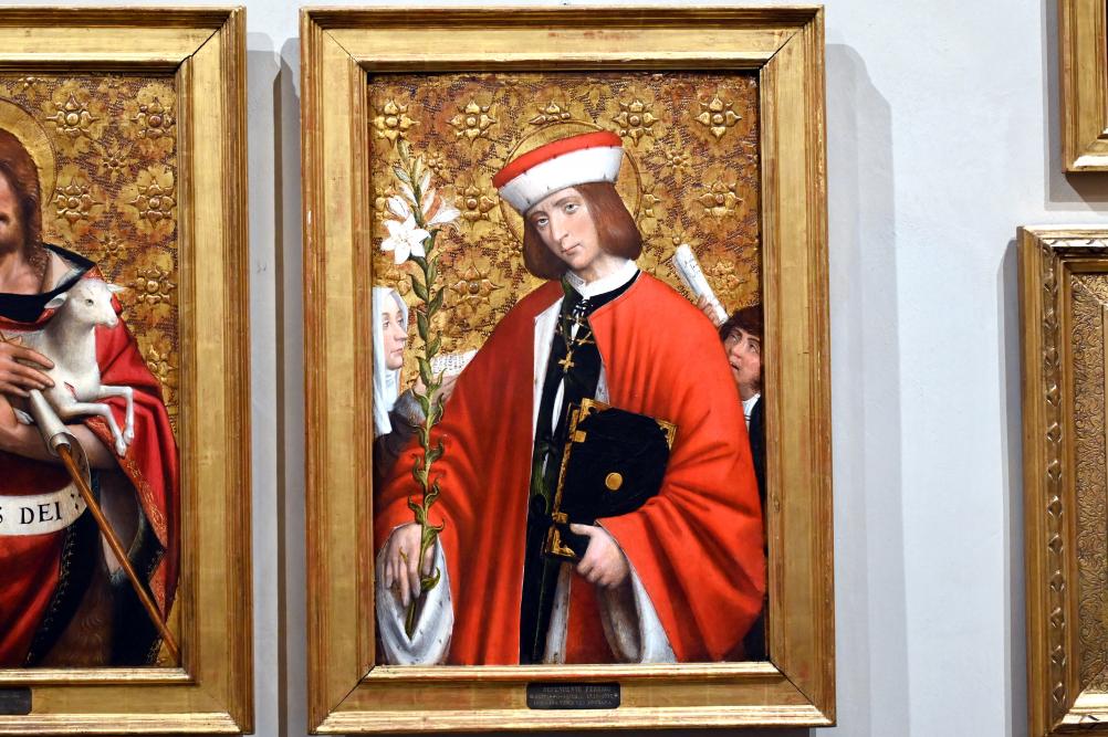 Defendente Ferrari (1504–1532), Tafel eines Polyptychons mit dem Heiligen Ivo Hélory von Kermartin und zwei Stiftern, Turin, Museo civico d'arte antica, Saal 4, um 1530, Bild 1/2