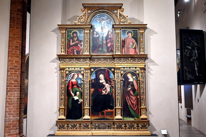 Pietro Grammorseo (1525), Polyptychon mit Maria mit dem Kind, der Kreuzigung und Heiligen mit Stiftern, Turin, Museo civico d'arte antica, Saal 5, um 1525