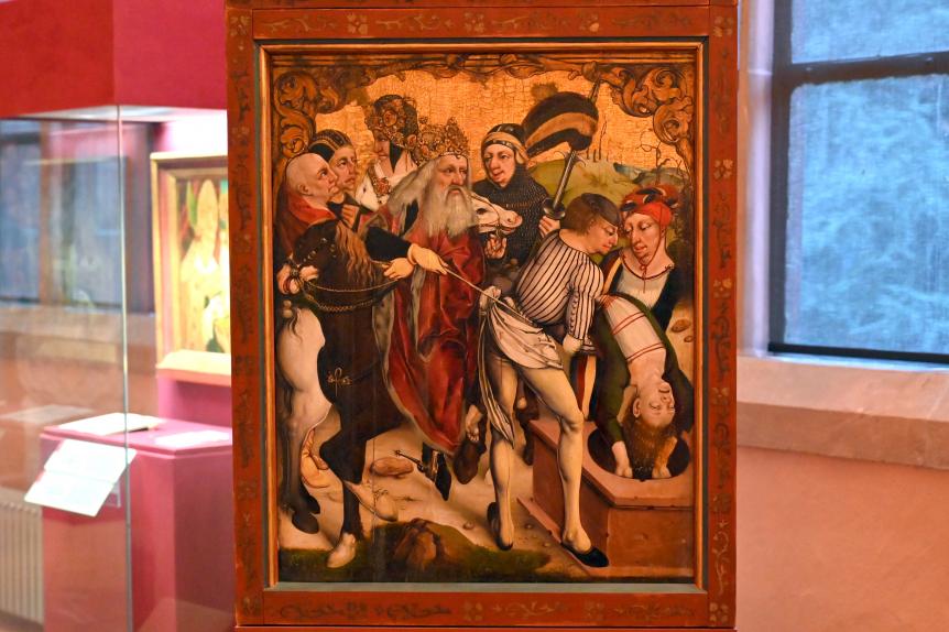 Der tote hl. Sebastian wird in die stadtrömische Cloaca maxima geworfen, Oppenheim, ehem. Kirche St. Sebastian, jetzt Mainz, Dom- und Diözesanmuseum, um 1490, Bild 1/2