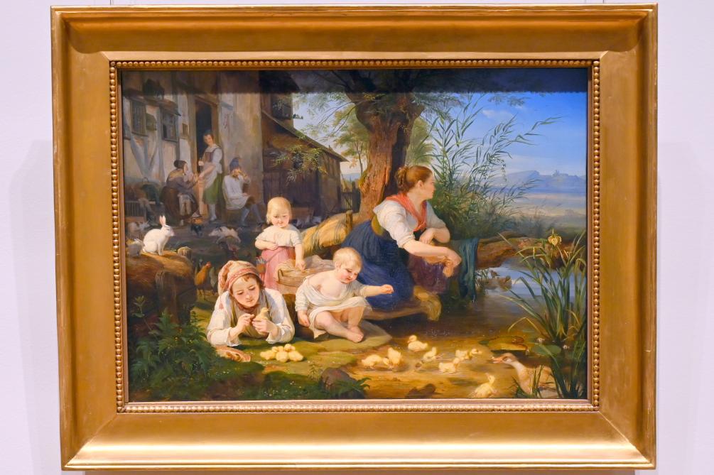 Carl Engel von der Rabenau (1836–1840), Mutter mit Kindern am Dorfweiher, Darmstadt, Hessisches Landesmuseum, Saal 8, um 1836–1837